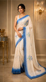 Floral Printed Ivory Organza Saree with Ombre Blue Scalloped Border