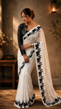 Ivory White Silk Saree with intricate Black sequin work with Stitched blouse