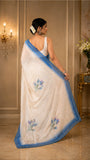 Floral Printed Ivory Organza Saree with Ombre Blue Scalloped Border