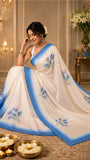 Floral Printed Ivory Organza Saree with Ombre Blue Scalloped Border