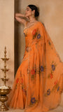 Royal Hand painted Peach orange Organza saree