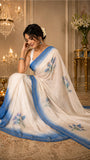 Floral Printed Ivory Organza Saree with Ombre Blue Scalloped Border
