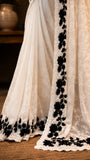 Ivory White Silk Saree with intricate Black sequin work with Stitched blouse