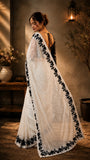Ivory White Silk Saree with intricate Black sequin work with Stitched blouse