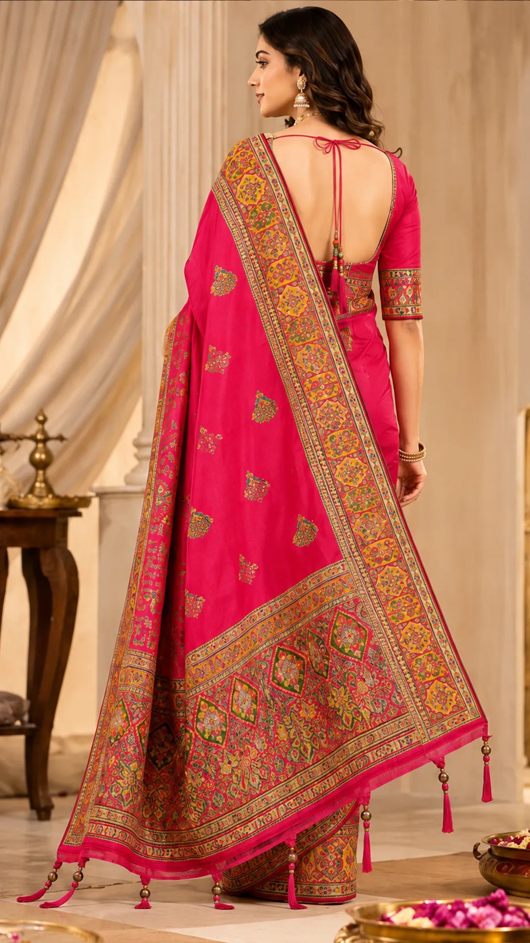 Vibrant Fuchsia Pink Silk saree with Multicolor accents