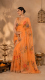 Royal Hand painted Peach orange Organza saree