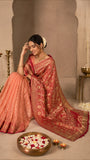 Vibrant Peach and Orange Silk Saree with golden motifs