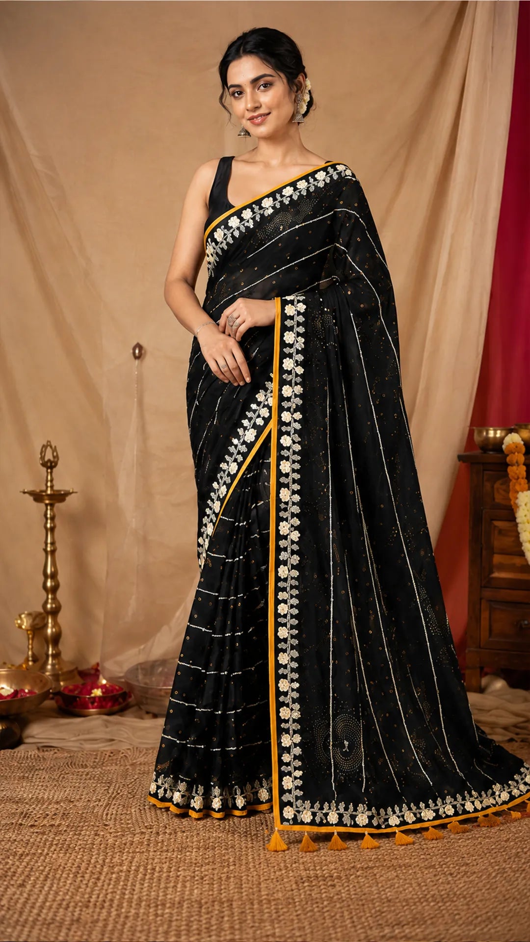 Embellished Black Georgette Saree with floral border