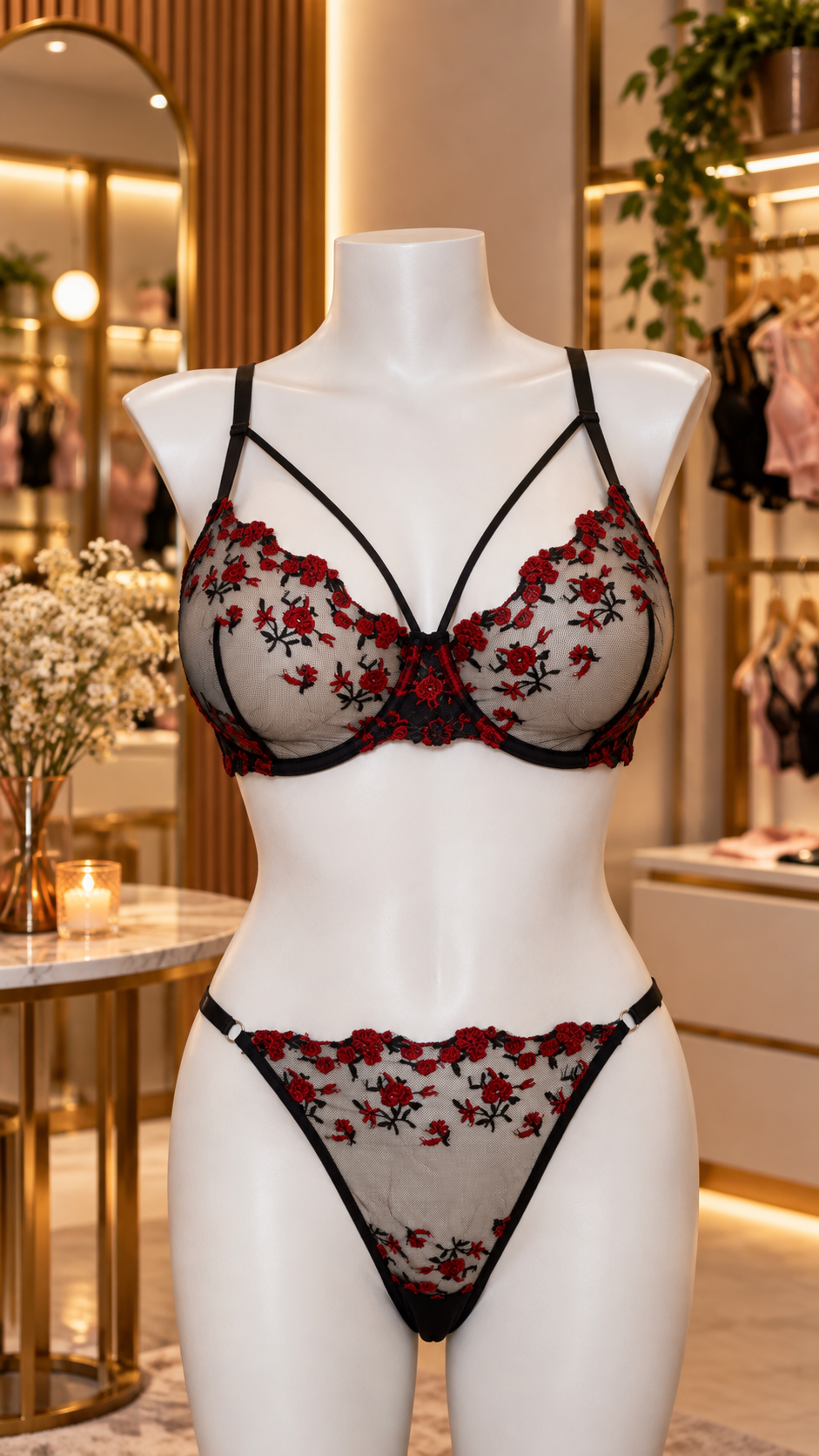 Midnight Rose Embroidered Lingerie Set