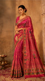 Vibrant Rani pink Silk saree with figurative motifs