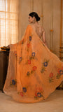 Royal Hand painted Peach orange Organza saree