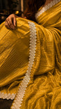 Striking Mustard yellow striped saree with lace border