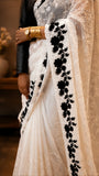 Ivory White Silk Saree with intricate Black sequin work with Stitched blouse