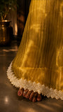 Striking Mustard yellow striped saree with lace border