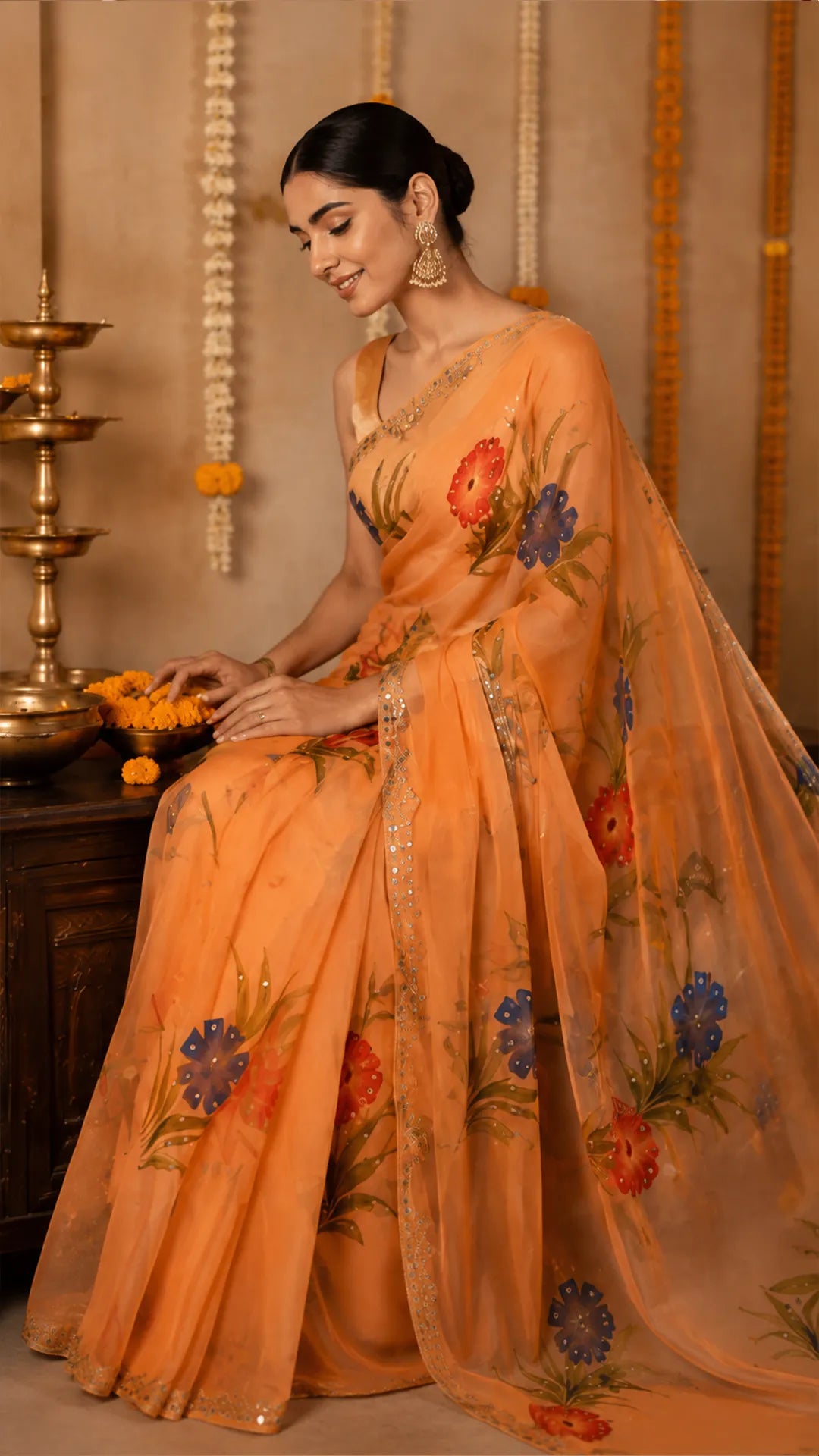 Royal Hand painted Peach orange Organza saree