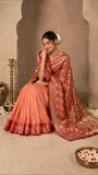 Vibrant Peach and Orange Silk Saree with golden motifs